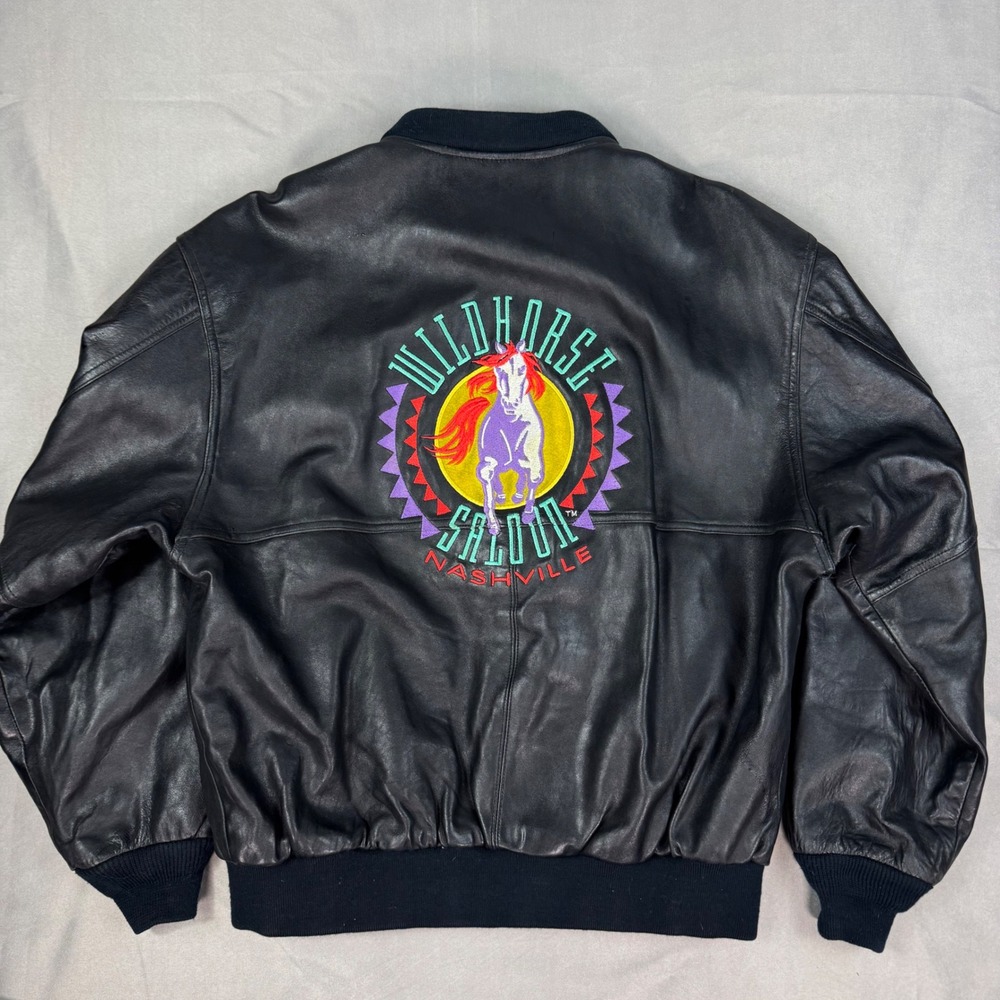 Vintage Wildhorse Saloon Nashville Black Leather Bomber Jacket Embroidered XL